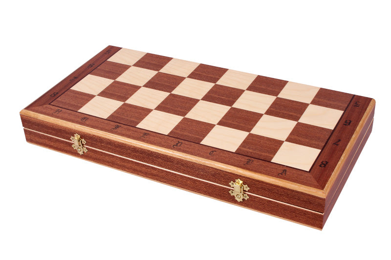 Jeu d'échecs en bois de cerisier sauvage avec l'échiquier en marqueterie de bois d'acajou et sycomore, de grande taille (48 x 48cm) - Ensemble Complet