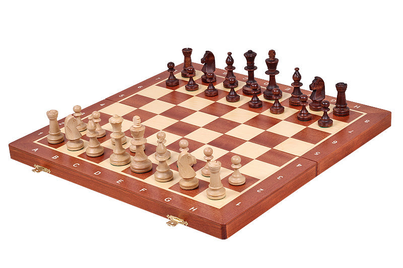 Jeu d'échecs DE TOURNOI No 5 en bois de charme avec l'échiquier en marqueterie de bois d'acajou et sycomore, de taille 5 (48 x 48cm) - Ensemble Complet