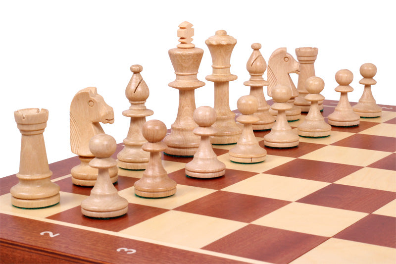 Jeu d'échecs DE TOURNOI No 5 en bois de charme avec l'échiquier en marqueterie de bois d'acajou et sycomore, de taille 5 (48 x 48cm) - Ensemble Complet