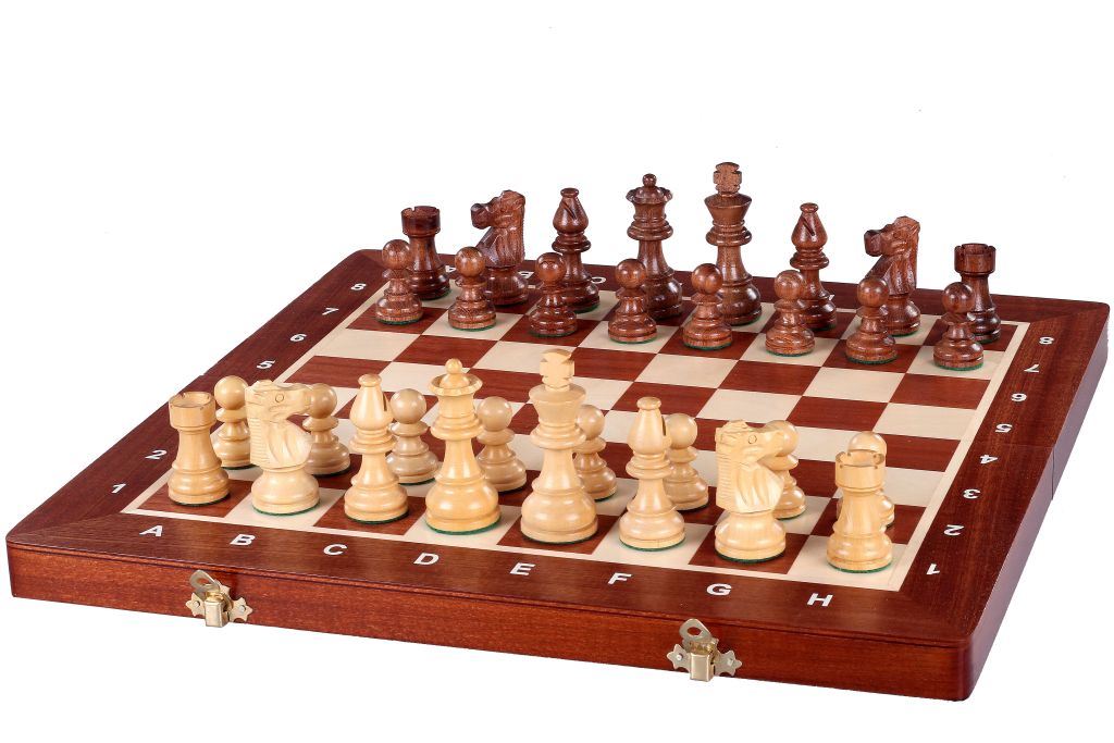 Jeu d'échecs de tournoi avec les pièces French en bois d'acacia et de buis de taille 5 (48x48cm) - L'ensemble complet