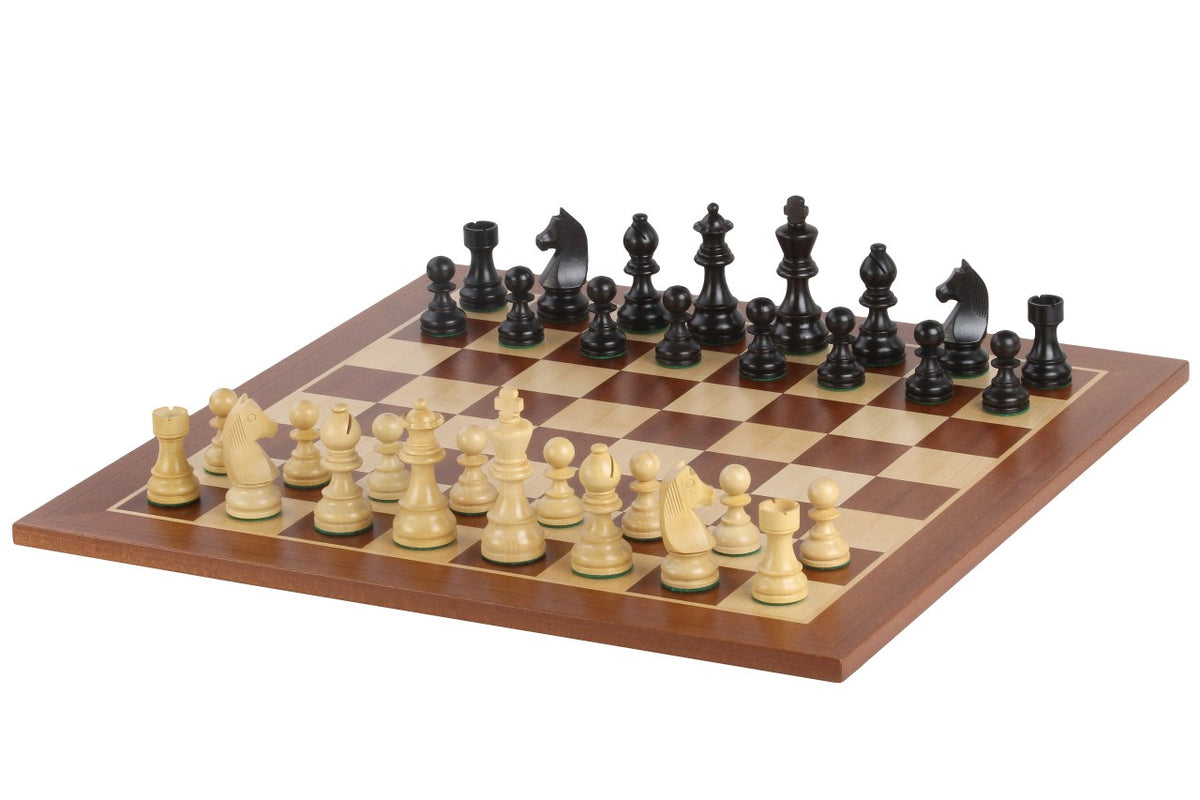 Échiquier avec coordonnées en marqueterie de bois de padouk et sycomore  + Pièces d'échecs Timeless Ebonized - Ensemble de taille 5