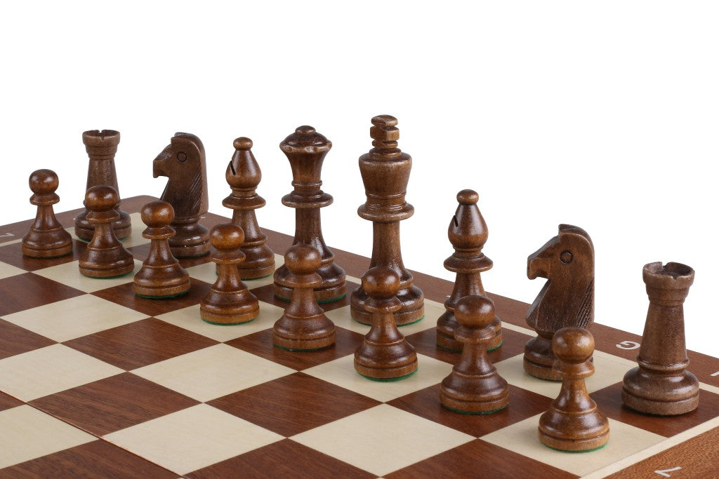 Jeu d'échecs de tournoi No 5 avec l'échiquier en marqueterie de bois d'acajou et sycomore + pièces d'échecs Staunton 5 ART, de taille 5 (48 x 48cm) - Ensemble Complet