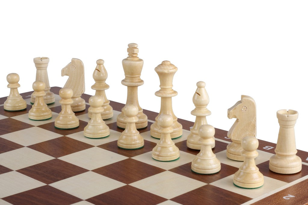 Jeu d'échecs de tournoi No 5 avec l'échiquier en marqueterie de bois d'acajou et sycomore + pièces d'échecs Staunton 5 ART, de taille 5 (48 x 48cm) - Ensemble Complet