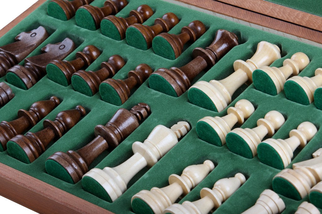 Jeu d'échecs de tournoi No 5 avec l'échiquier en marqueterie de bois d'acajou et sycomore + pièces d'échecs Staunton 5 ART, de taille 5 (48 x 48cm) - Ensemble Complet