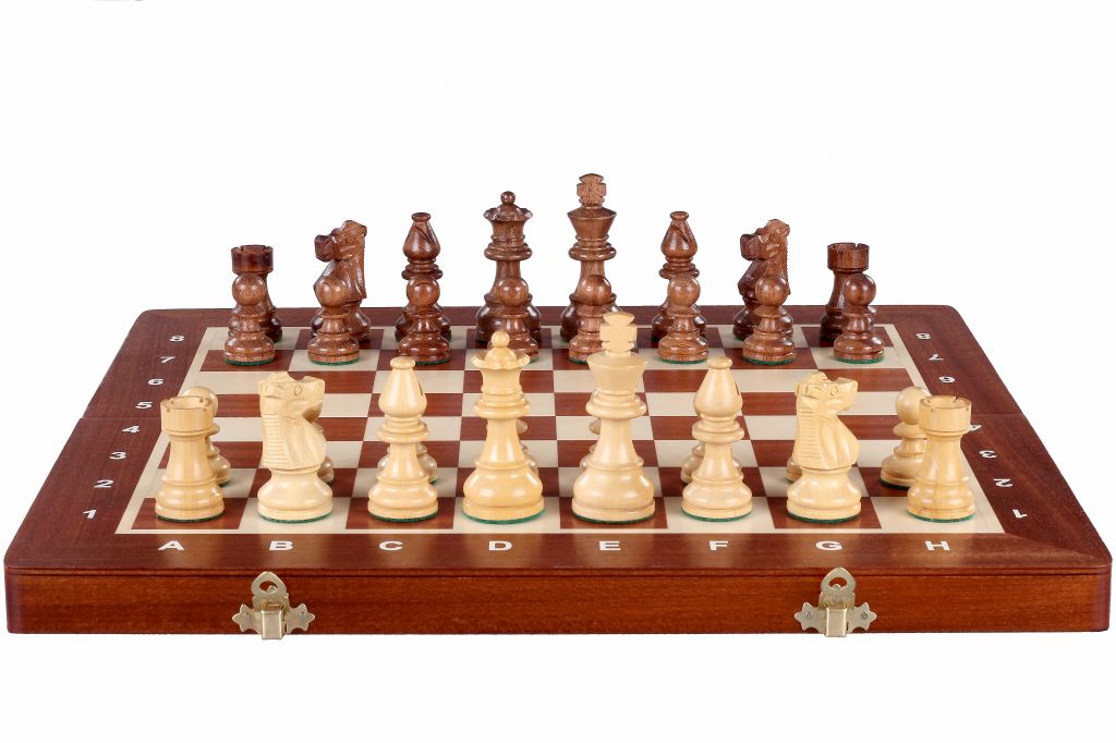 Jeu d'échecs de tournoi avec les pièces French en bois d'acacia et de buis de taille 5 (48x48cm) - L'ensemble complet