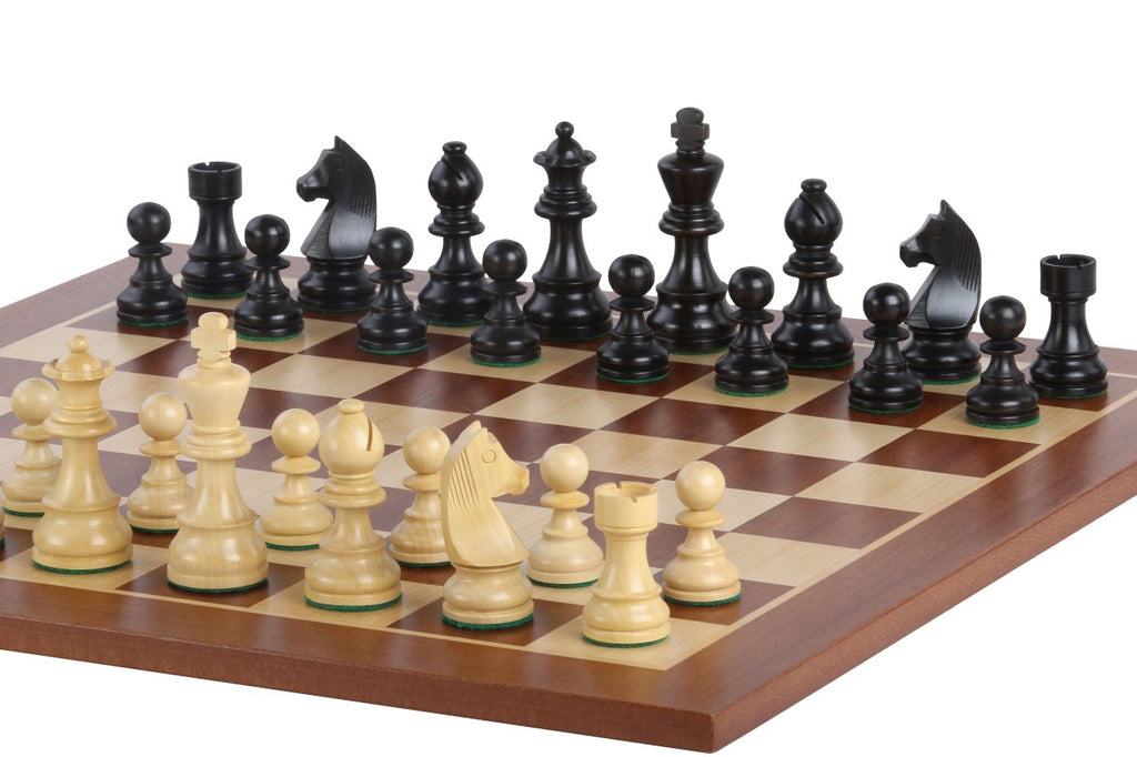 Échiquier avec coordonnées en marqueterie de bois de padouk et sycomore  + Pièces d'échecs Timeless Ebonized - Ensemble de taille 5