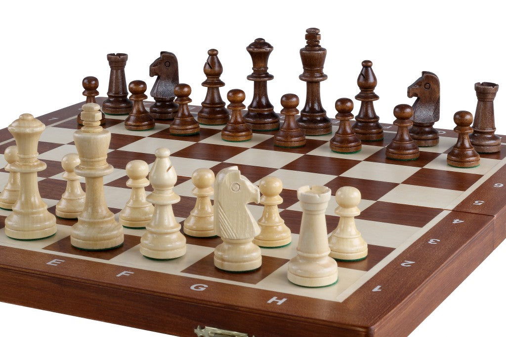 Jeu d'échecs de tournoi No 5 avec l'échiquier en marqueterie de bois d'acajou et sycomore + pièces d'échecs Staunton 5 ART, de taille 5 (48 x 48cm) - Ensemble Complet